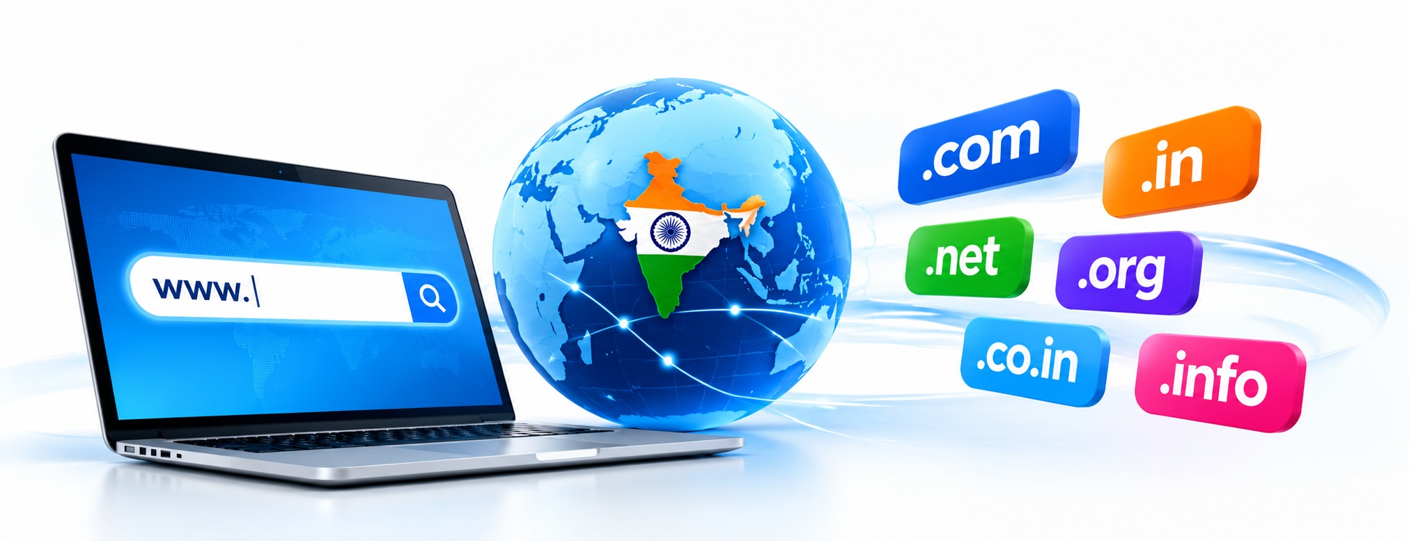 Modern domain registration illustration with laptop, India globe and domain extensions